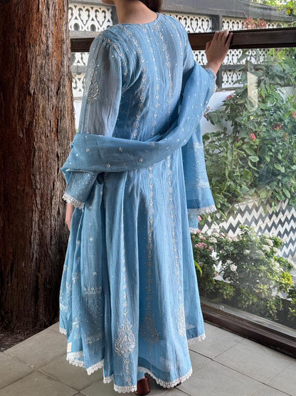 Powder Blue Shade Malmal Pearl Work Chikankari Anarkali