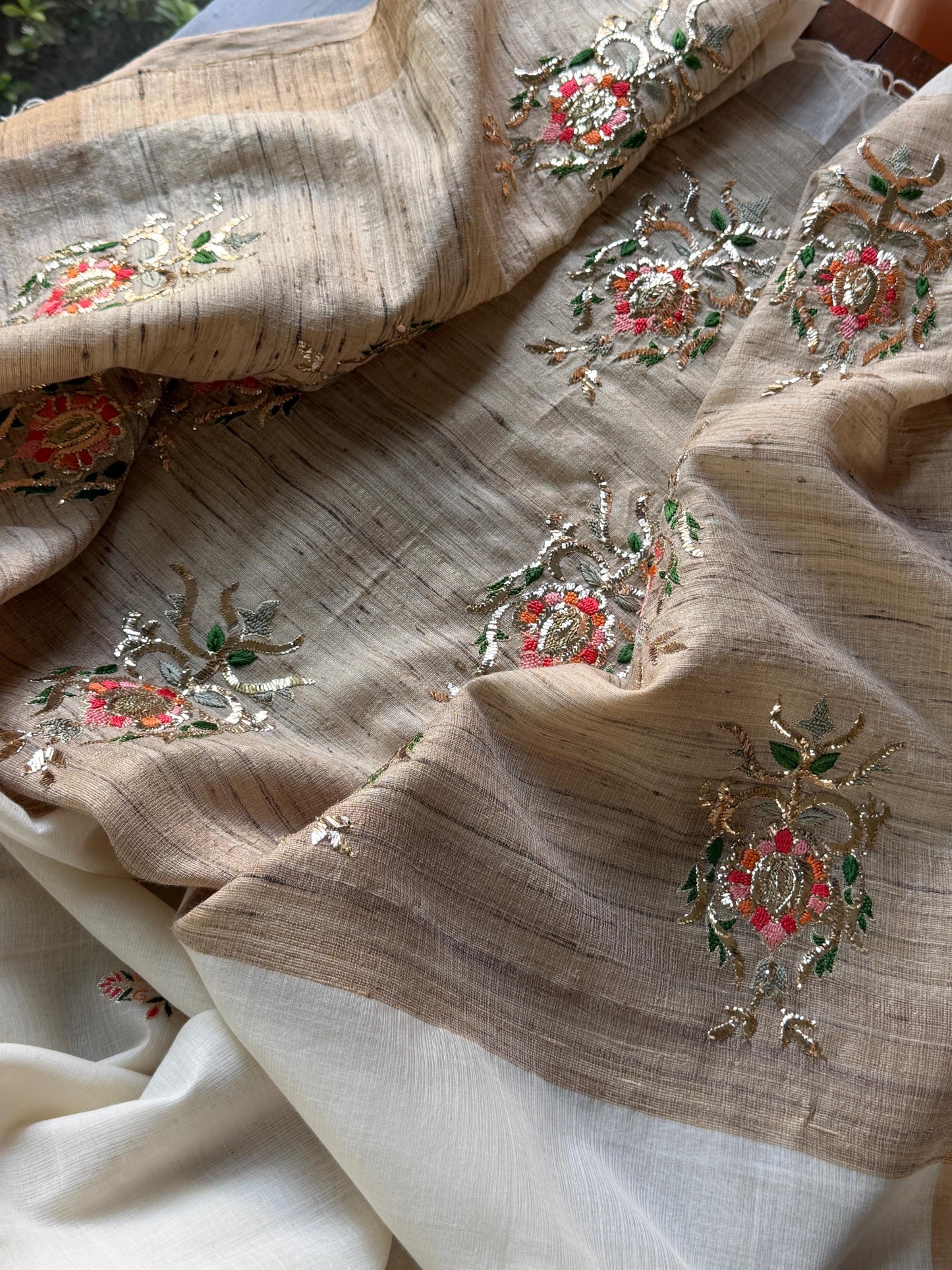 Off White Tussar Silk Gheecha Palla Kota Mukaish Resham Saree