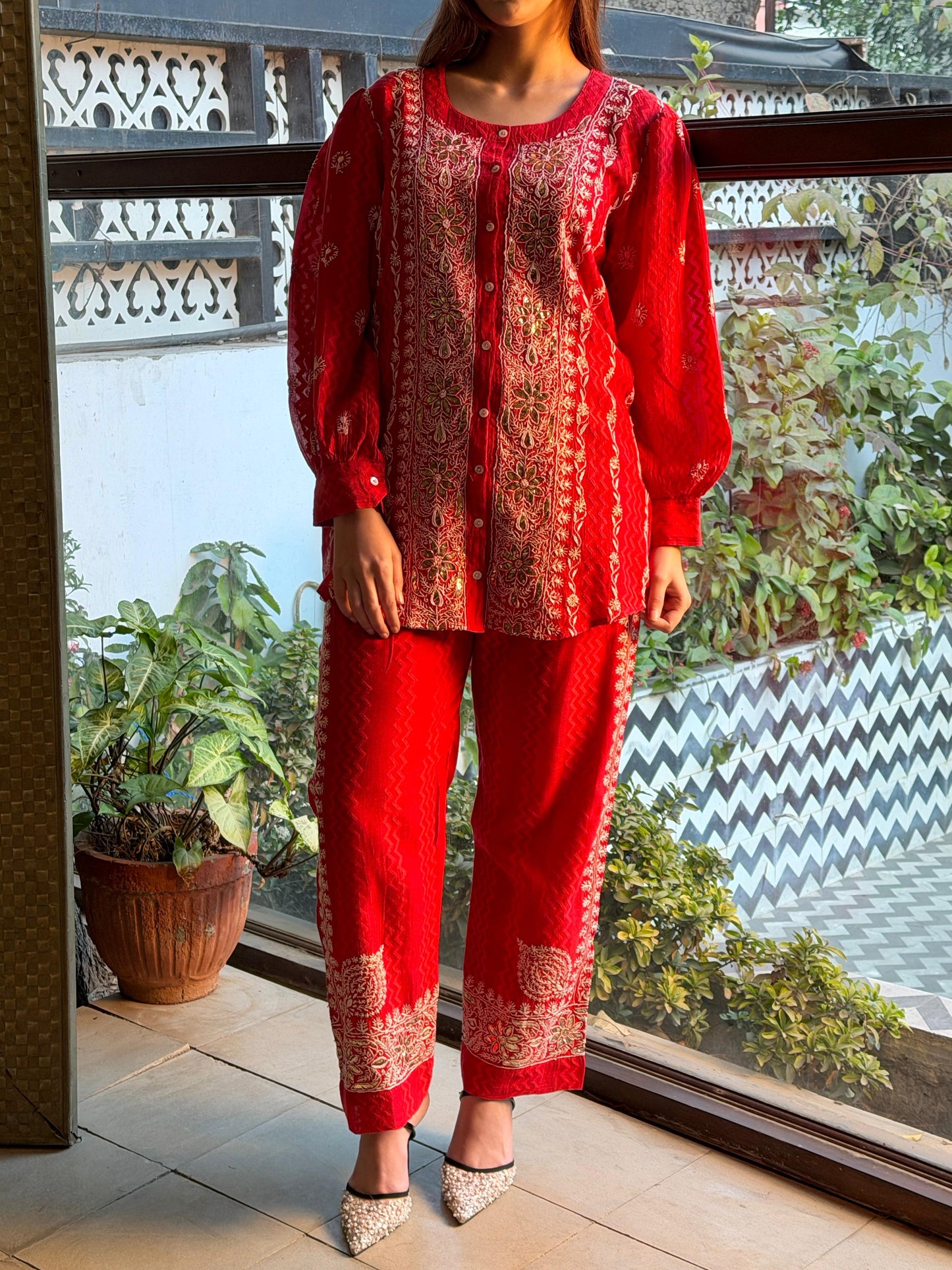 Crimson Red | Jacquard Sequins Chikankari Co-Ord Set