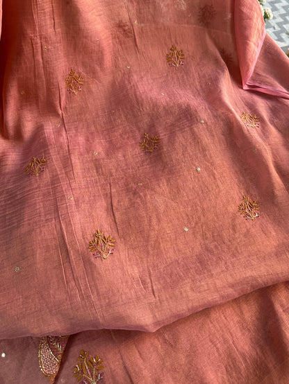 Rose Pink Shade Roheen Tissue Silk Chikankari Unstitched Fabric