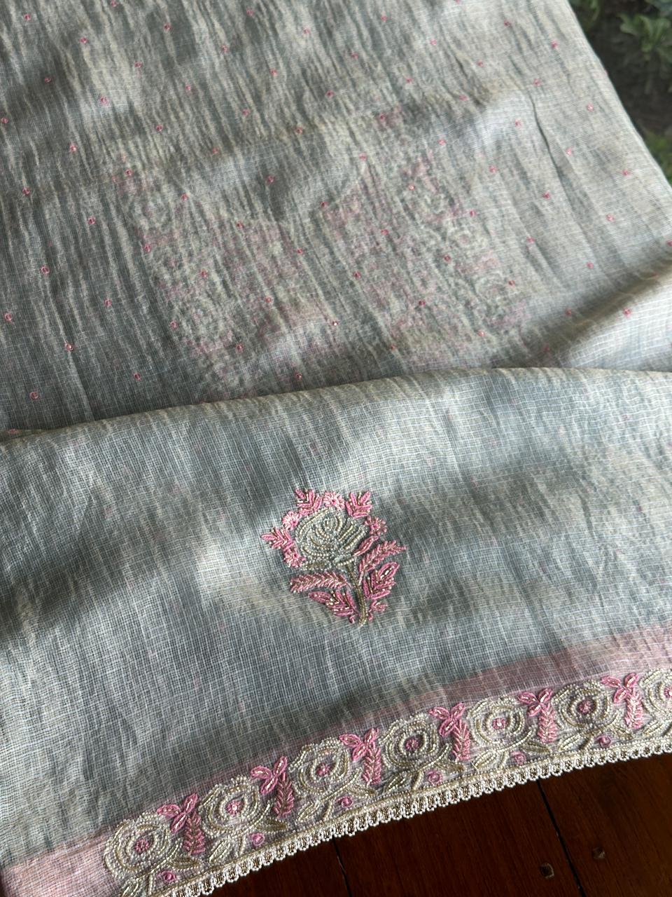 Smokey Grey Shade Tissue Kota Chikankari Unstitched Fabric