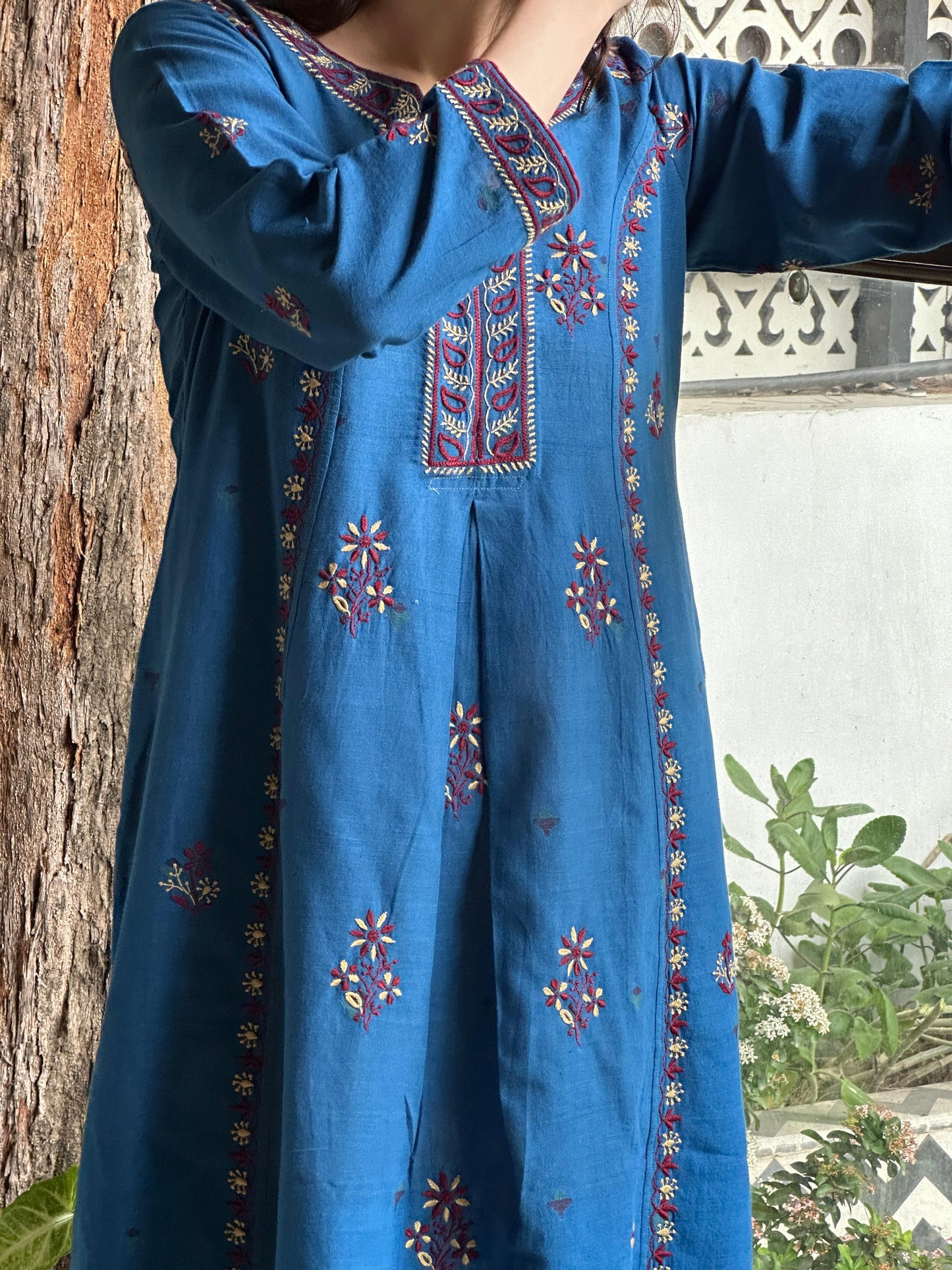 Blue & Maroon Handspun Malkha Chikankari Panel Tunic