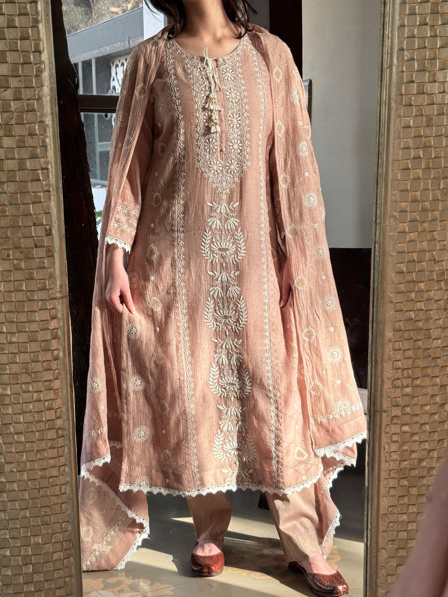 Nude Rose Mul Chanderi Mukaish Kamdani Chikankari Kurta Dupatta Set