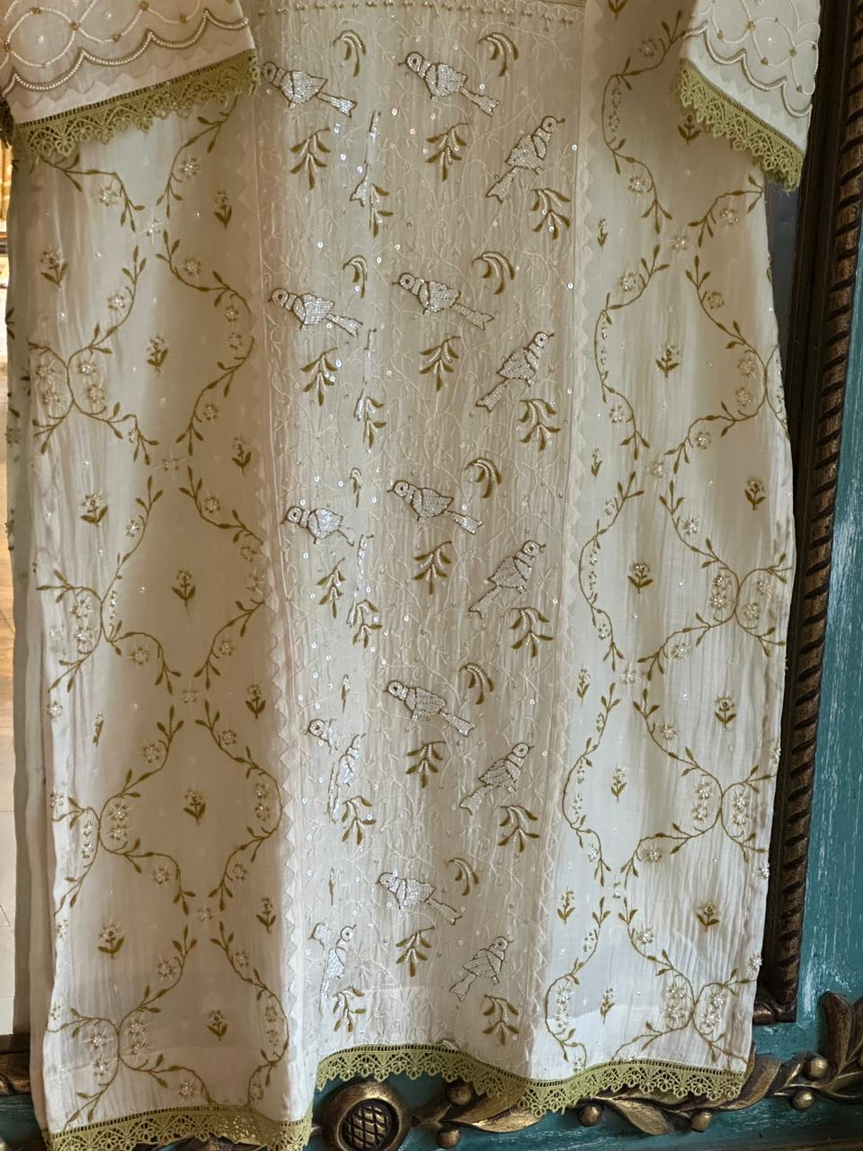 Ivory & Green Mul Chanderi Pearl Work Chikankari Kurta Set