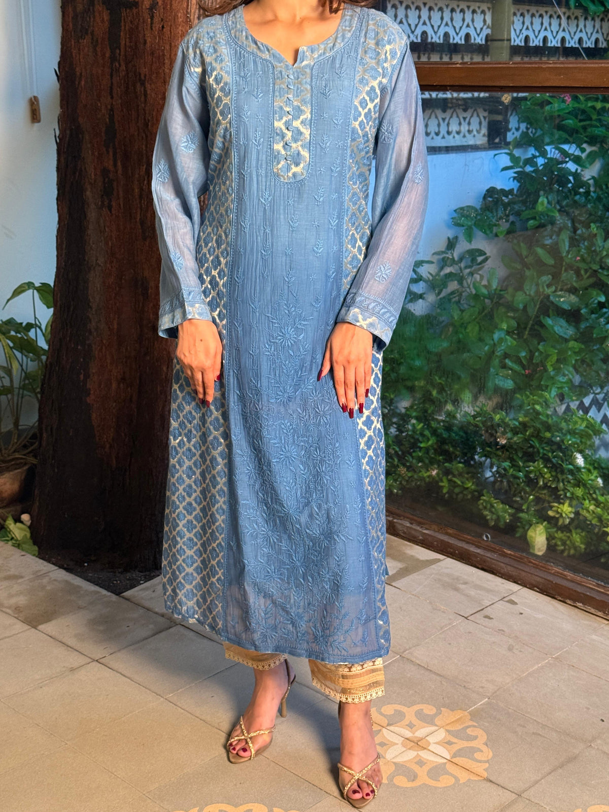 Blue Shade Zari Chanderi Chikankari Ready to Wear Tunics