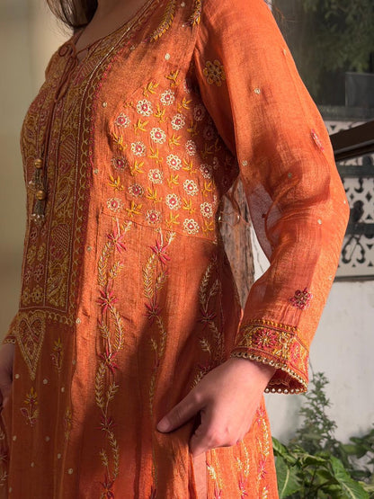 Rust Orange Shade Tissue Silk Chikankari Anarkali With Ari Work