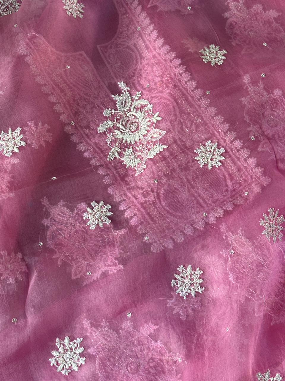 Pink Shade Noor Organza Silk Chikankari Unstitched Kurta Dupatta Set