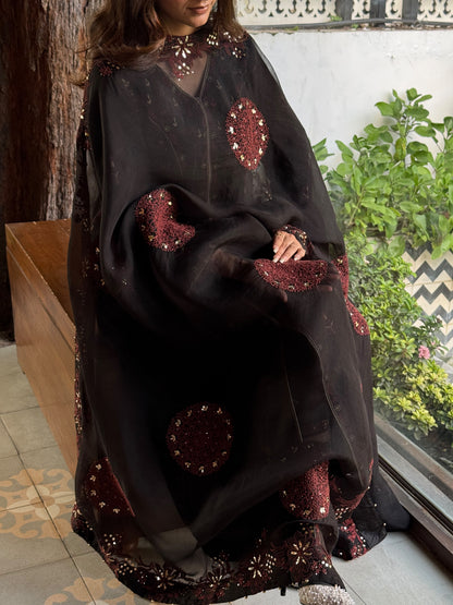 Black & Rust Red Shade Coral Motif Fine Chikankari Organza Mukaish Dupatta