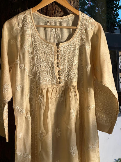 Natural Tussar Silk Chikankari Ready to Wear A Line Kurta