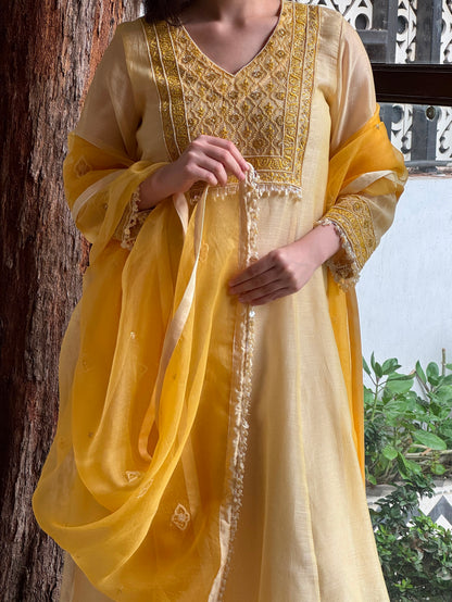 Butter Yellow Maheshwari Chikankari Kalidar Kurta Set