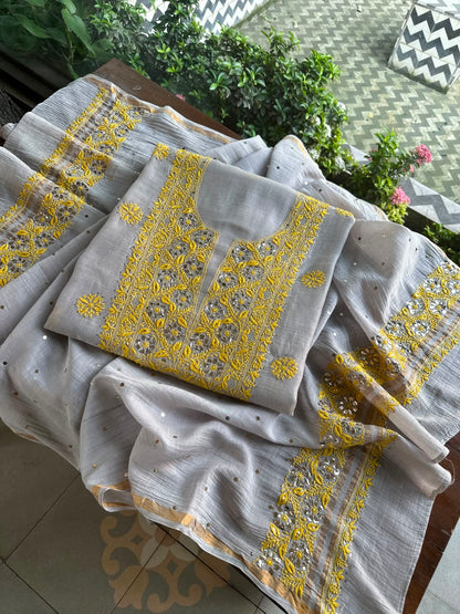 Grey Shade Mal Cotton Chikankari Unstitched Kurta Dupatta Fabric With Mukaish Badla