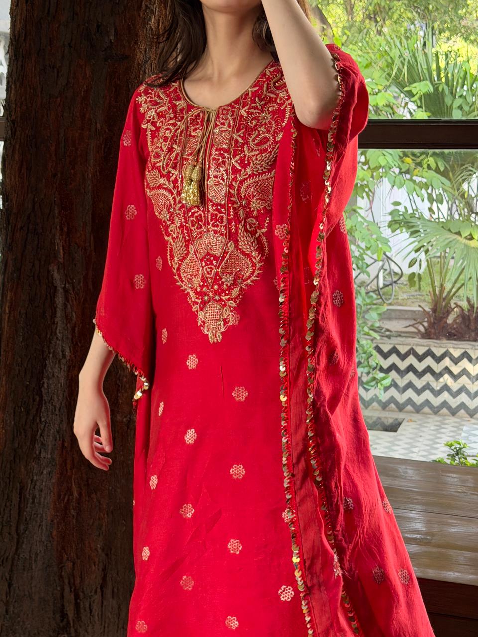 Red Zari Chanderi Chikankari Kaftan
