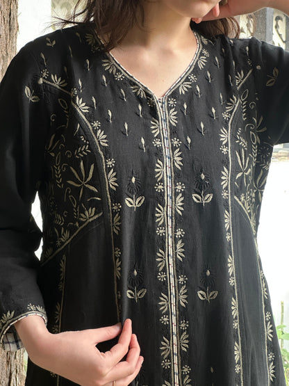 Black Handspun Malkha Chikankari Panel Tunic