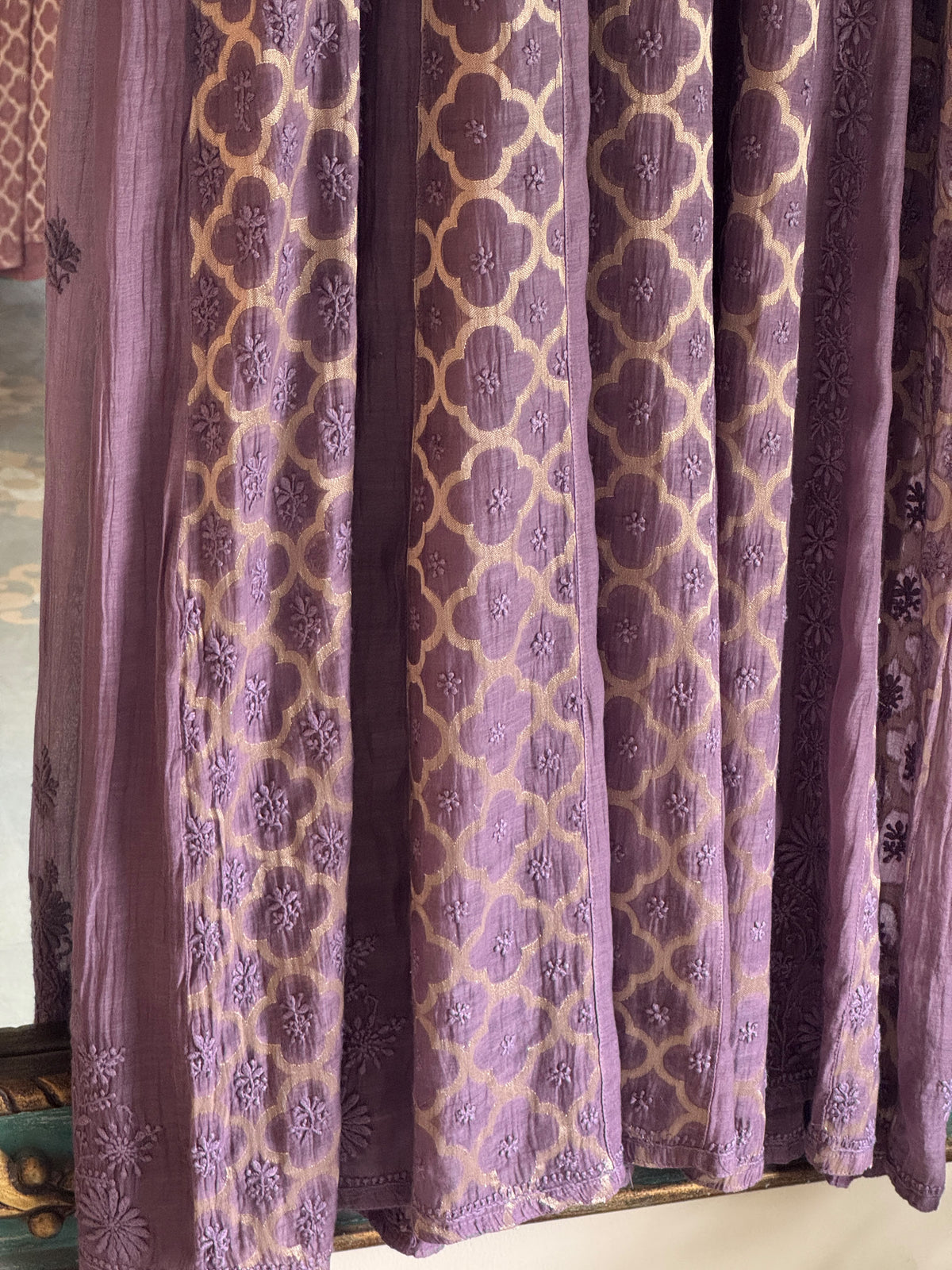 Purple Lavender Zari Chanderi Chikankari A Line Kurta with Slip
