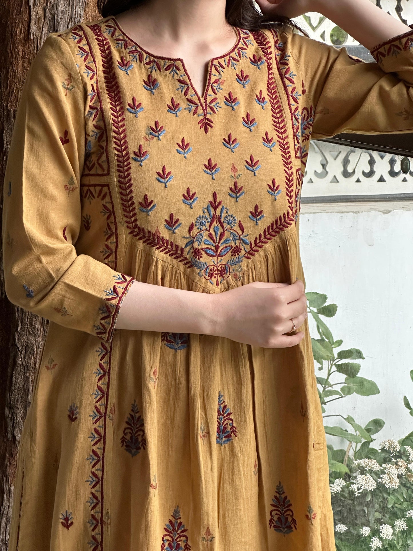 Mustard Yellow Handspun Malkha Chikankari Panel Tunic