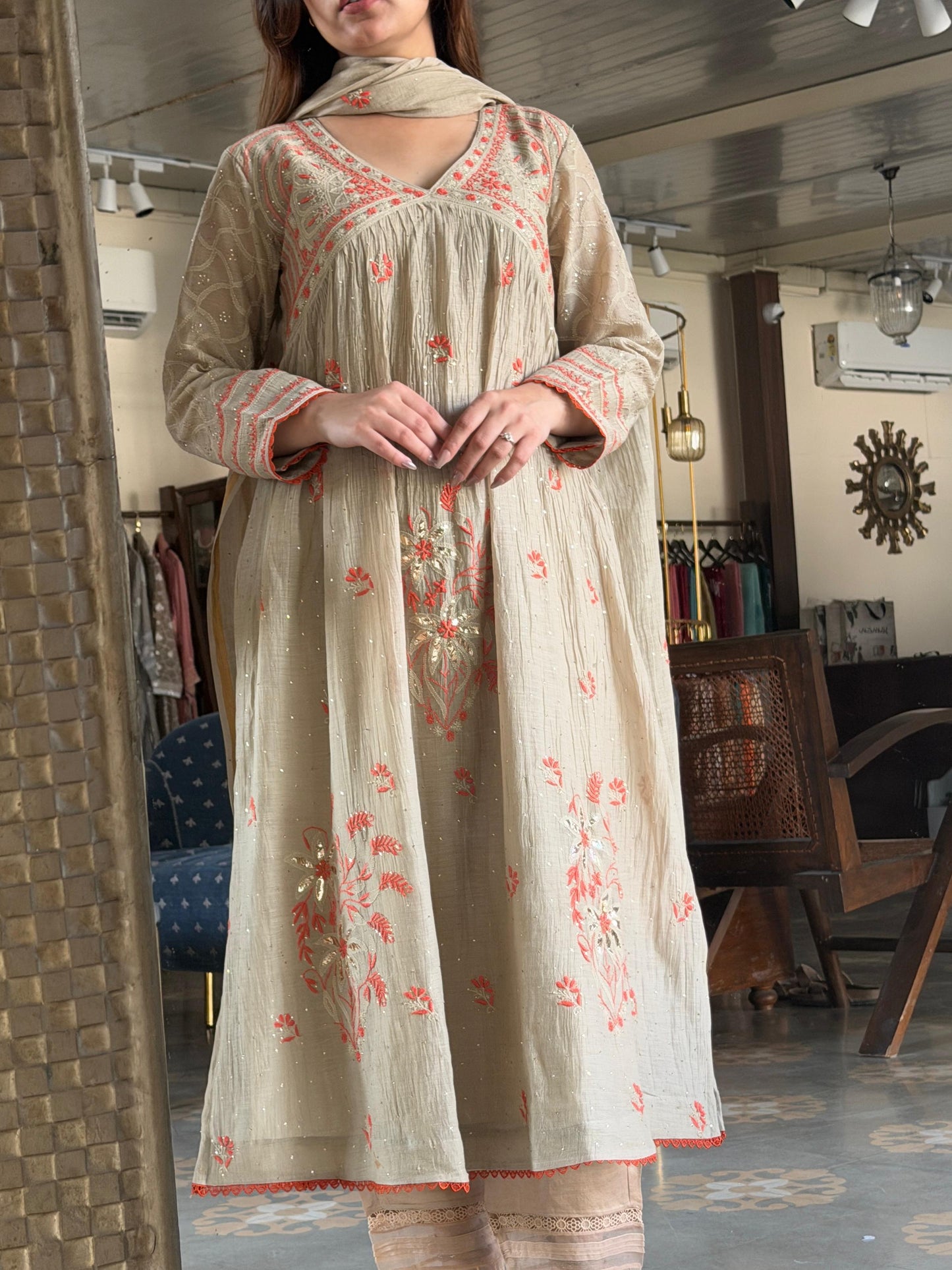 Angi Style Mal Mukaish Kamdani Tux Chikankari Kurta Dupatta Set