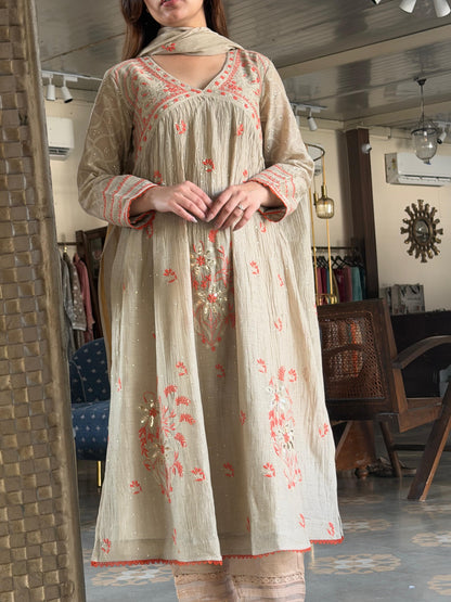Angi Style Mal Mukaish Kamdani Tux Chikankari Kurta Dupatta Set