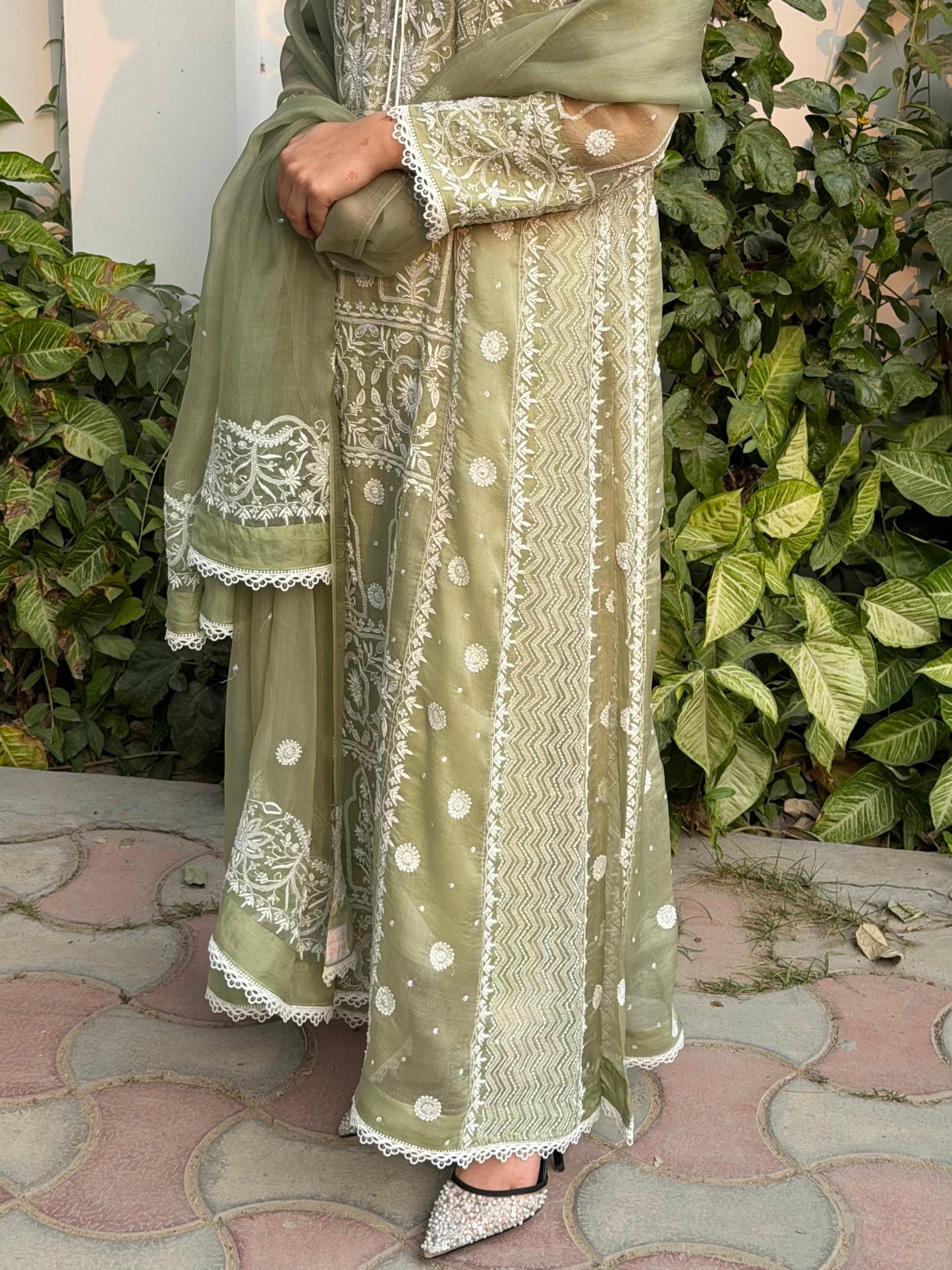 Green Noor Organza Chikankari Anarkali Kurta With Dupatta