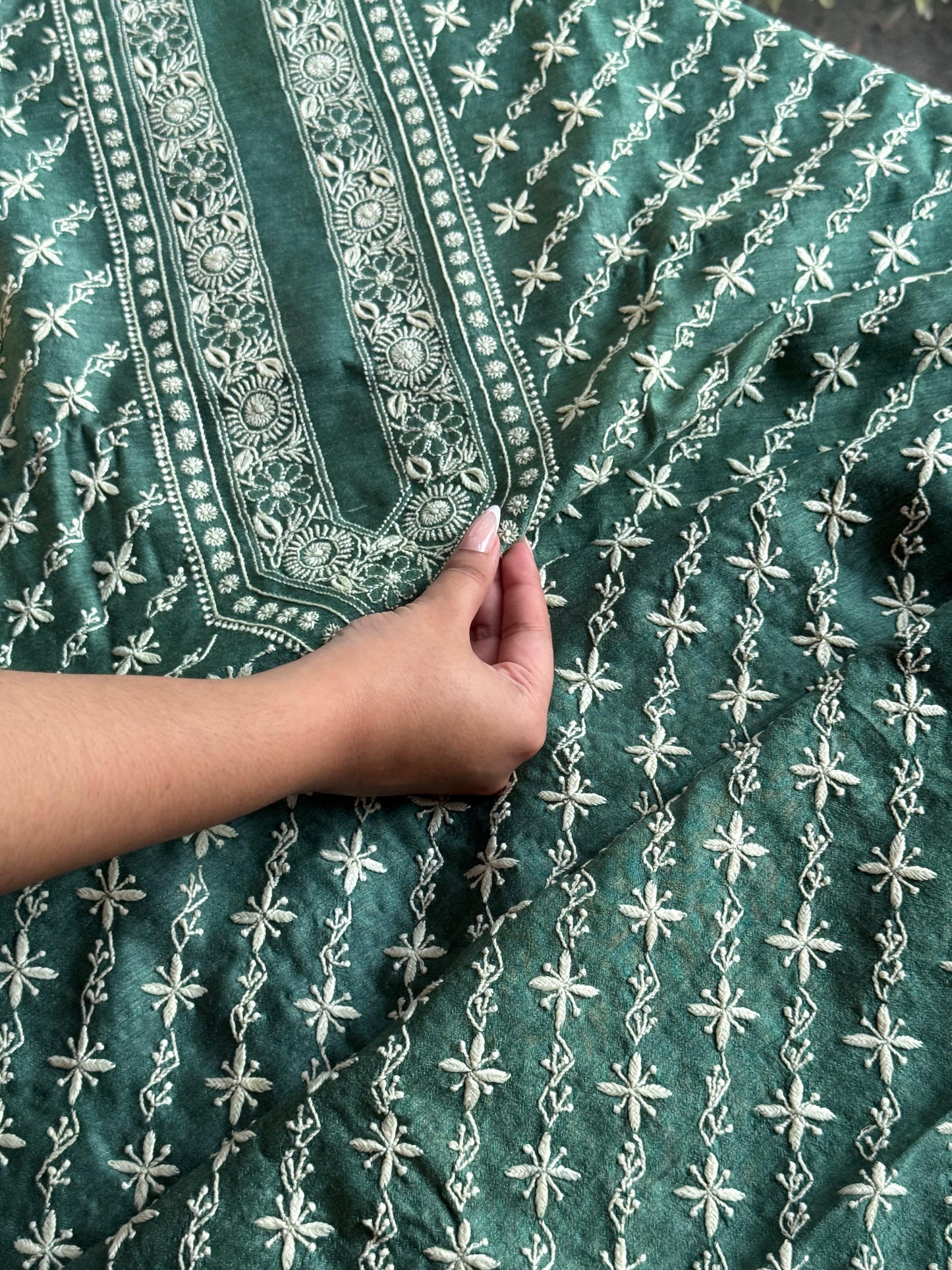 Green Moonga Silk Chikankari Men’s Kurta Fabrics