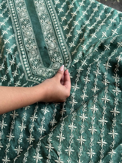 Green Moonga Silk Chikankari Men’s Kurta Fabrics