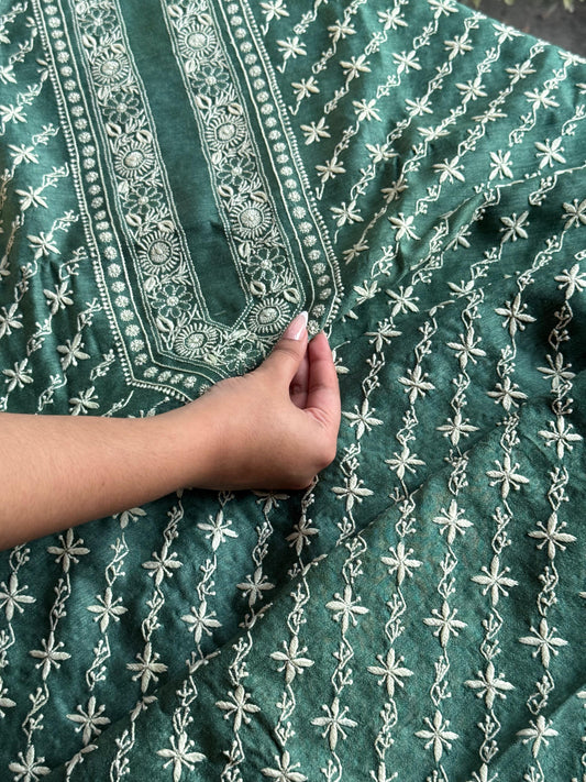 Green Moonga Silk Chikankari Men’s Kurta Fabrics