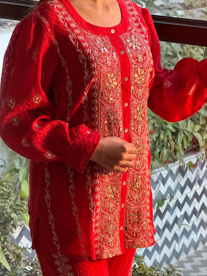 Crimson Red | Jacquard Sequins Chikankari Co-Ord Set