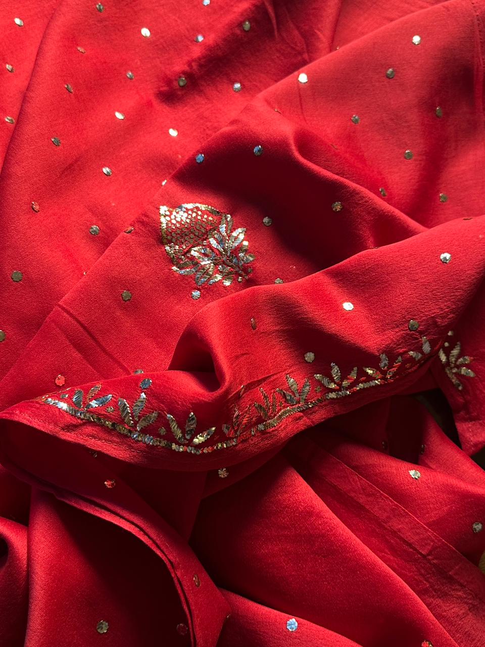 Red Chanderi Silk Mukaish Badla Unstitched Fabrics