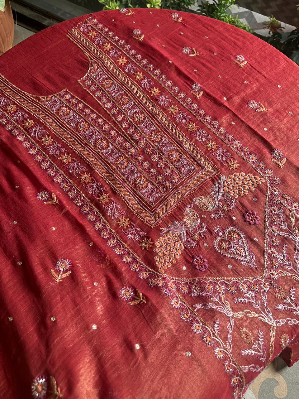 Red Tissue Silk Chikankari Unstitched Fabrics