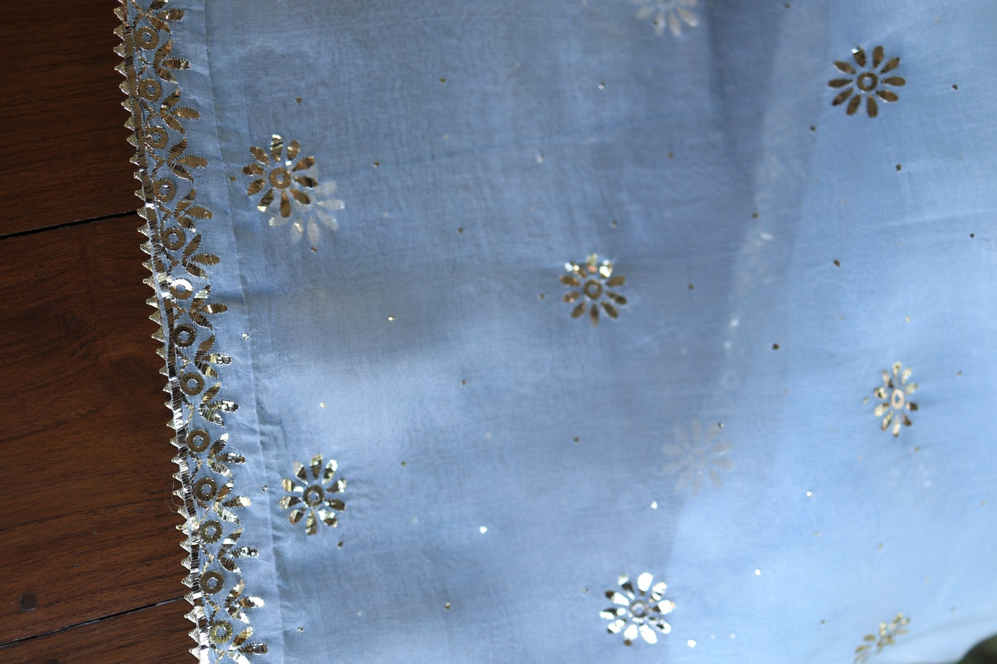 Powder Blue Shade Noor Organza Silk Badla Unstitched Kurta Dupatta Set