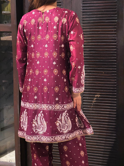 Plum Purple Zari Chanderi Chikankari Co-Ord Set