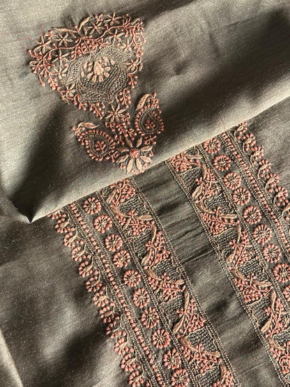 Olive Green Moonga Silk Chikankari Men’s Kurta Fabric