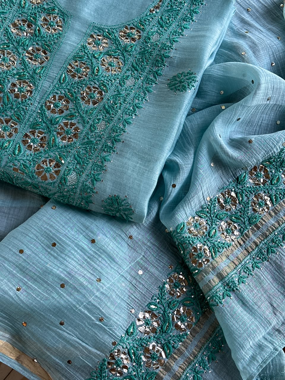 Blue Shade Mal Cotton Chikankari Unstitched Kurta Dupatta Fabric With Mukaish Badla