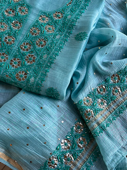 Blue Shade Mal Cotton Chikankari Unstitched Kurta Dupatta Fabric With Mukaish Badla