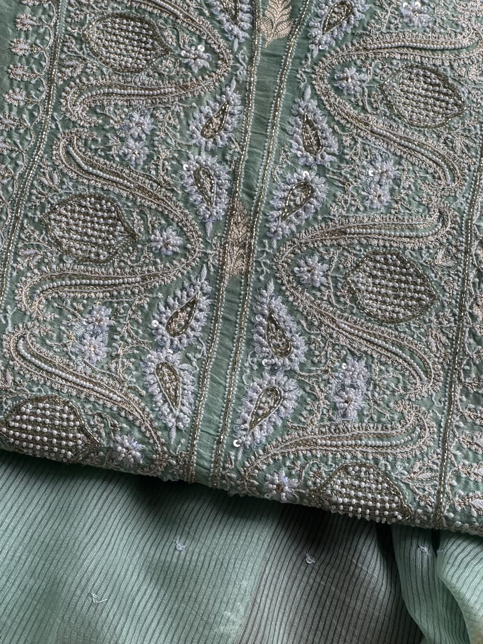 Mint Green Shade Banarasi Zari Chanderi Unstitched Chikankari Fabric