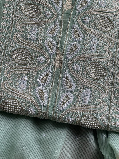 Mint Green Shade Banarasi Zari Chanderi Unstitched Chikankari Fabric