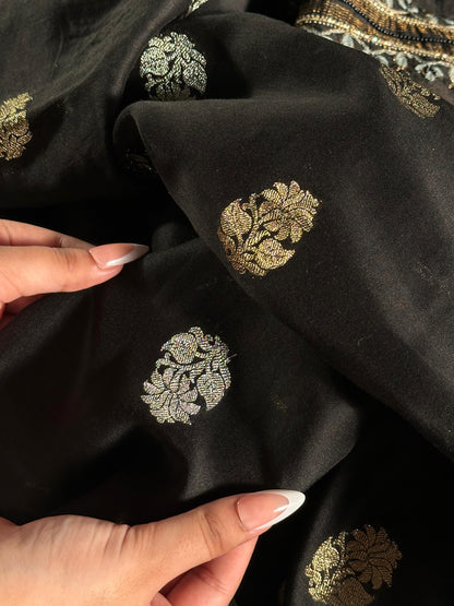 Black & Grey Banarasi Zari Chanderi Unstitched Chikankari Fabric