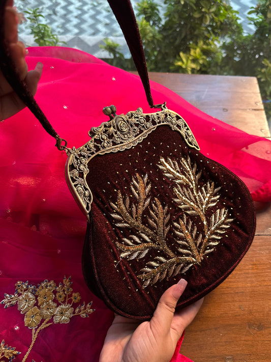 Tobacco Brown Shade Velvet Ari Mukaish Zardosi Sling Bag