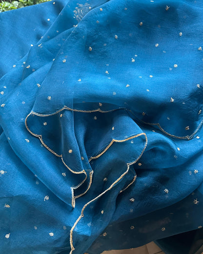 Prussian Blue Noor Organza Silk Chikankari Unstitched Kurta Dupatta Set