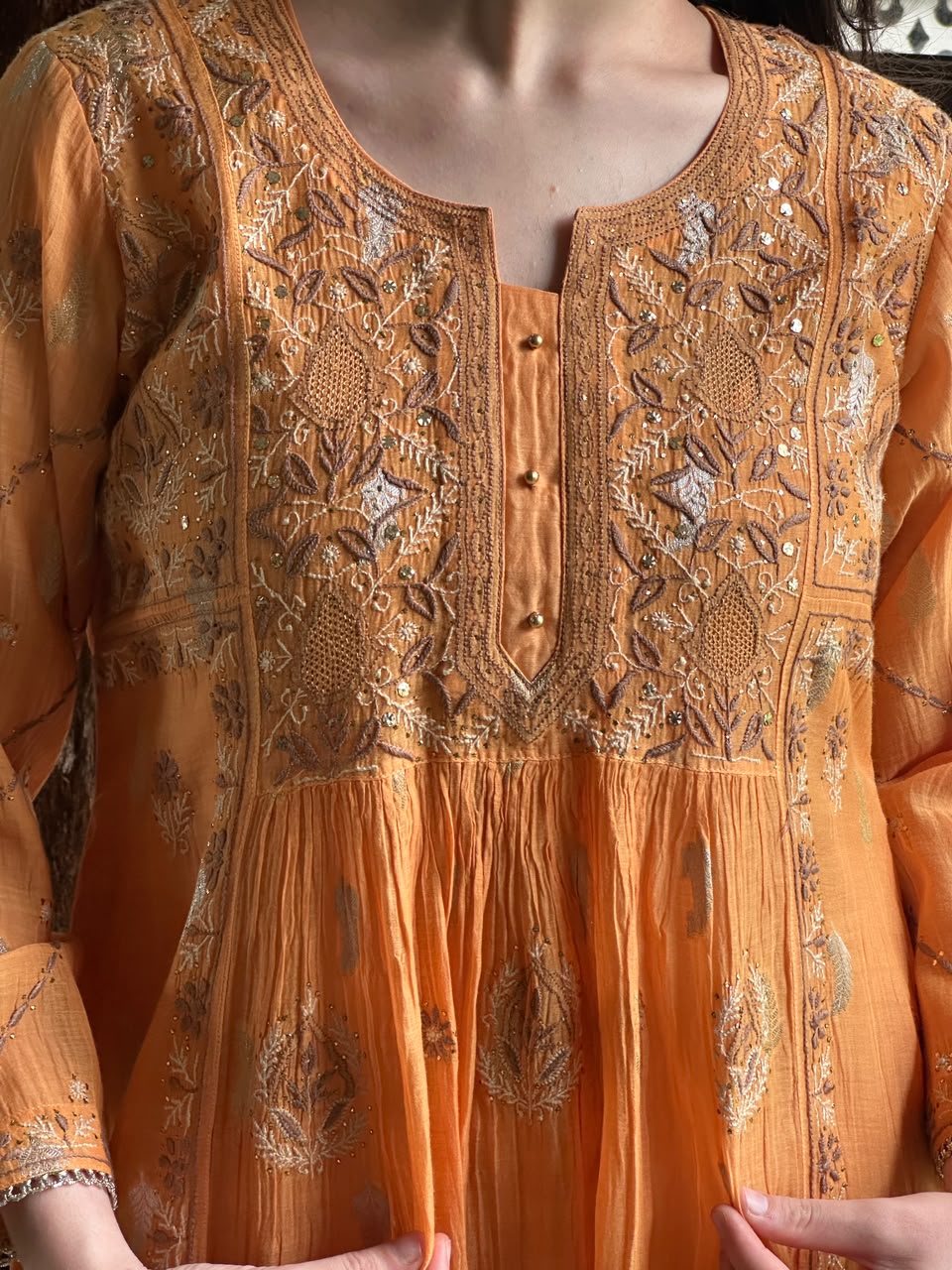 Orange Zari Chanderi Chikankari Ready to Wear Tunics