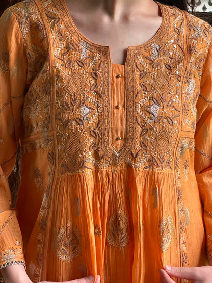 Orange Zari Chanderi Chikankari Ready to Wear Tunics