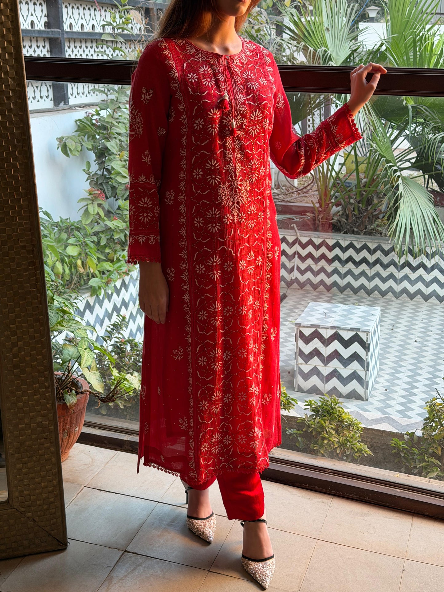 Red Mul Chanderi Mukaish Kamdani Chikankari Stitched Kurta Dupatta Set