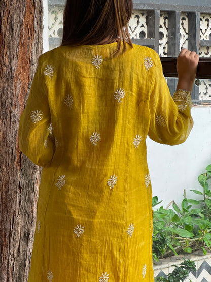 Yellow Tissue Silk Chikankari Straight Cut Kurta Dupatta Set