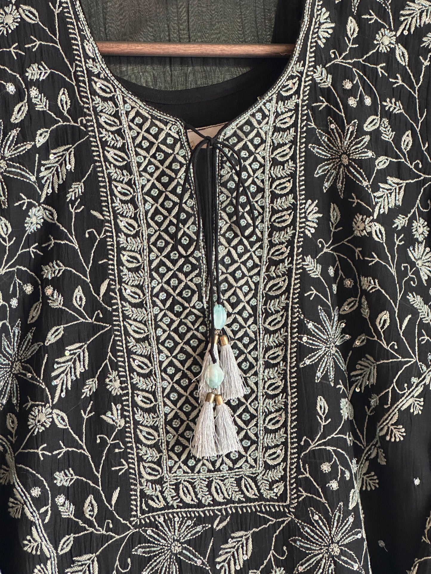 Black Mul Chanderi Chikankari Kurta Set with Pearl & Sequin Work