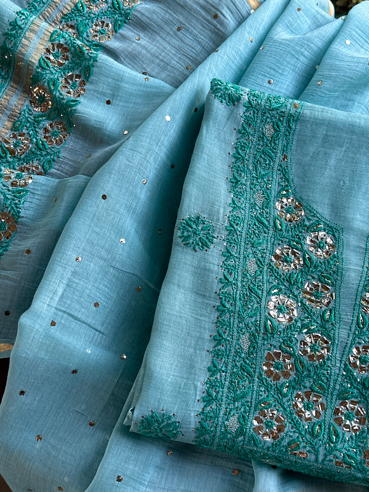 Blue Shade Mal Cotton Chikankari Unstitched Kurta Dupatta Fabric With Mukaish Badla