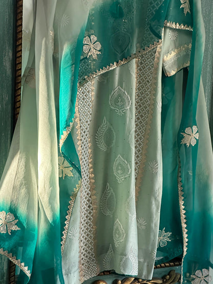 Sea Green & Teal Shade Chanderi Daraz Applique Chikankari Mukaish Kurta Dupatta Set