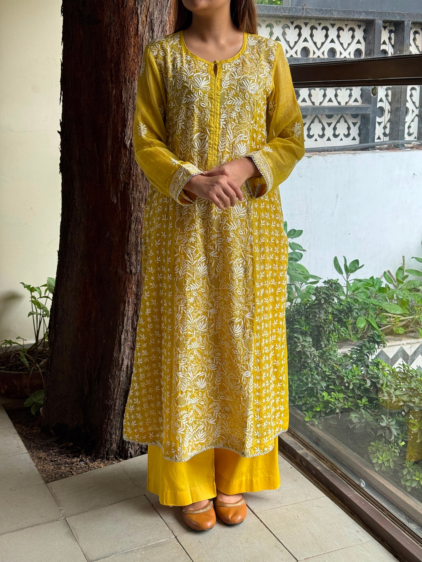 Yellow Tissue Silk Chikankari Straight Cut Kurta Dupatta Set