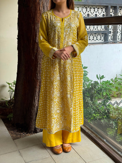Yellow Tissue Silk Chikankari Straight Cut Kurta Dupatta Set
