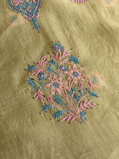 Yellow Multi Shade Organza Silk Chikankari Unstitched Fabric