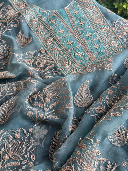 Pastel Shade Noor Organza Silk Chikankari Unstitched Kurta Dupatta Set