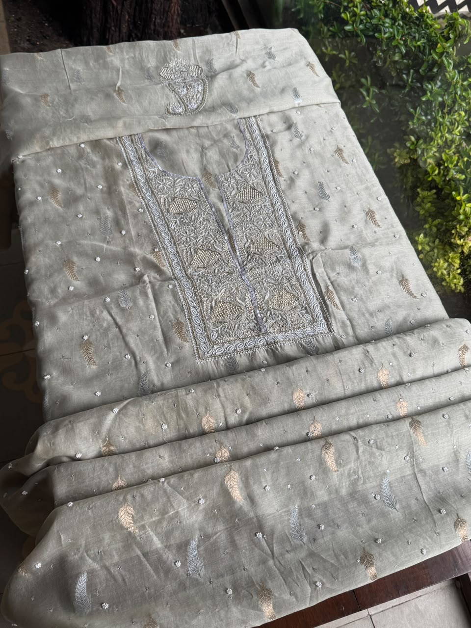 Grey Shade Banarasi Zari Chanderi Unstitched Chikankari Fabric